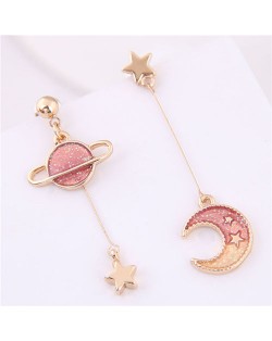 Star and Moon Asymmetric Design Cute Fashion Women Earrings - Red