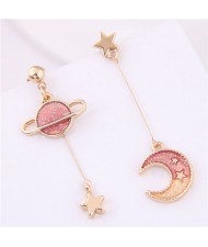 Star and Moon Asymmetric Design Cute Fashion Women Earrings - Red