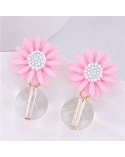 Sweet Chrysanthemum with Transparent Ball Pendant Design Women Costume Earrings - Pink