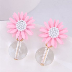 Sweet Chrysanthemum with Transparent Ball Pendant Design Women Costume Earrings - Pink