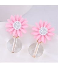Sweet Chrysanthemum with Transparent Ball Pendant Design Women Costume Earrings - Pink