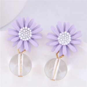 Sweet Chrysanthemum with Transparent Ball Pendant Design Women Costume Earrings - Violet
