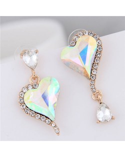 Rhinestone Emebllished Hearts Design Asymmetric Fashion Earrings - Luminous White