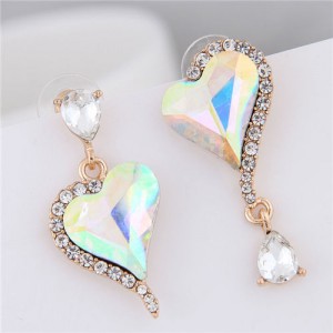 Rhinestone Emebllished Hearts Design Asymmetric Fashion Earrings - Luminous White