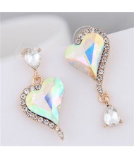 Rhinestone Emebllished Hearts Design Asymmetric Fashion Earrings - Luminous White