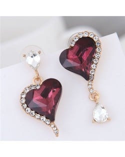Rhinestone Emebllished Hearts Design Asymmetric Fashion Earrings - Wine Red