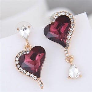 Rhinestone Emebllished Hearts Design Asymmetric Fashion Earrings - Wine Red