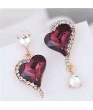 Rhinestone Emebllished Hearts Design Asymmetric Fashion Earrings - Wine Red