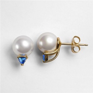 Pearl Fashion with Cubic Zirconia Decoration Rose Gold Earrings - Blue