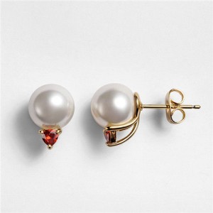 Pearl Fashion with Cubic Zirconia Decoration Rose Gold Earrings - Red