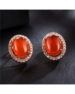 Oval Stone Inlaid with Cubic Zirconia Rimmed Rose Gold Earrings - Red