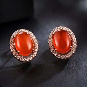 Oval Stone Inlaid with Cubic Zirconia Rimmed Rose Gold Earrings - Red