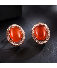 Oval Stone Inlaid with Cubic Zirconia Rimmed Rose Gold Earrings - Red