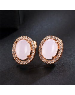 Oval Stone Inlaid with Cubic Zirconia Rimmed Rose Gold Earrings - Pink