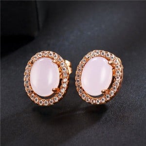 Oval Stone Inlaid with Cubic Zirconia Rimmed Rose Gold Earrings - Pink