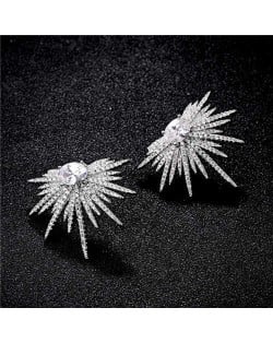 Cubic Zirconia Feather Pattern Design Women 18k Platinum Plated Earrings