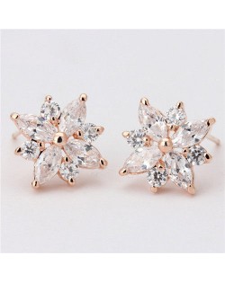 Cubic Zirconia Graceful Flower Design Women Earrings - Rose Gold