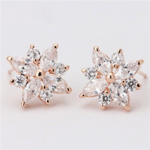 Cubic Zirconia Graceful Flower Design Women Earrings - Rose Gold