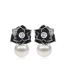 18k Gold Plated Black Rose Pearl Fashion Women Earrings - Platinum