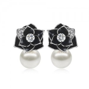 18k Gold Plated Black Rose Pearl Fashion Women Earrings - Platinum