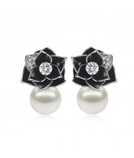 18k Gold Plated Black Rose Pearl Fashion Women Earrings - Platinum