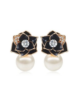 18k Gold Plated Black Rose Pearl Fashion Women Earrings - Rose Gold