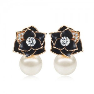18k Gold Plated Black Rose Pearl Fashion Women Earrings - Rose Gold