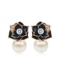 18k Gold Plated Black Rose Pearl Fashion Women Earrings - Rose Gold