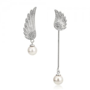 Asymetric Angel Wings Design Earrings - 18k Platinum Plated