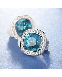 Blue Austrian Crystal Inlaid Button Design 18k Platinum Plated Earrings