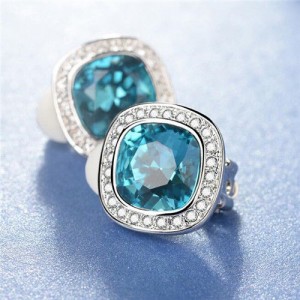 Blue Austrian Crystal Inlaid Button Design 18k Platinum Plated Earrings