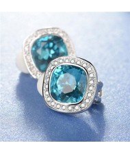 Blue Austrian Crystal Inlaid Button Design 18k Platinum Plated Earrings