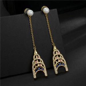 Colorful Cubic Zirconia Embellished Vintage Tower Pendants Rose Gold Earrings
