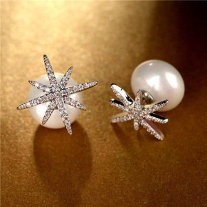 Cubic Zirconia Star Pearl Fashion 18k Platinum Plated Earrings