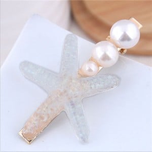 Starfish Pearl Fashion Women Hair Barrette - White