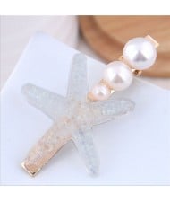 Starfish Pearl Fashion Women Hair Barrette - White