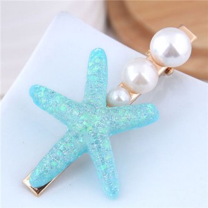 Starfish Pearl Fashion Women Hair Barrette - Blue