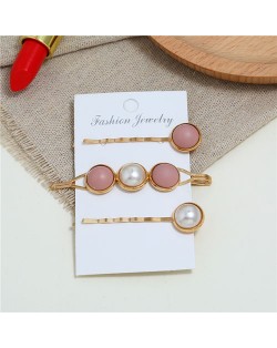 Pearl and Button Fashion 3pcs Women Hair Clip and Barrette Combo Set - Pink