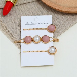 Pearl and Button Fashion 3pcs Women Hair Clip and Barrette Combo Set - Pink
