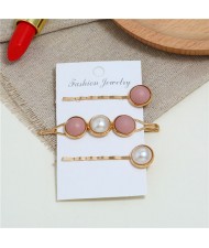 Pearl and Button Fashion 3pcs Women Hair Clip and Barrette Combo Set - Pink
