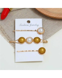 Pearl and Button Fashion 3pcs Women Hair Clip and Barrette Combo Set - Golden Yellow