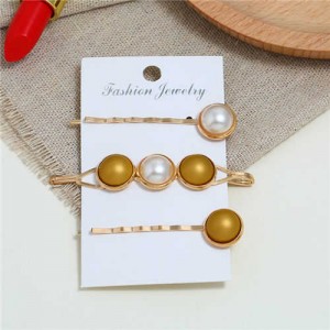 Pearl and Button Fashion 3pcs Women Hair Clip and Barrette Combo Set - Golden Yellow