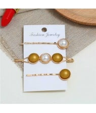 Pearl and Button Fashion 3pcs Women Hair Clip and Barrette Combo Set - Golden Yellow