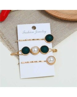 Pearl and Button Fashion 3pcs Women Hair Clip and Barrette Combo Set - Green