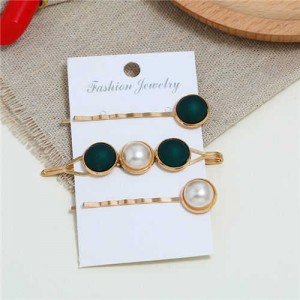 Pearl and Button Fashion 3pcs Women Hair Clip and Barrette Combo Set - Green