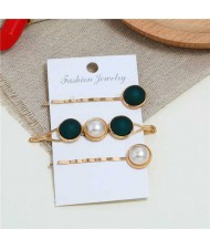 Pearl and Button Fashion 3pcs Women Hair Clip and Barrette Combo Set - Green