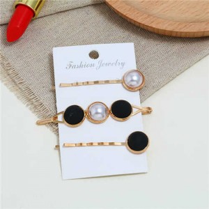 Pearl and Button Fashion 3pcs Women Hair Clip and Barrette Combo Set - Black