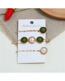 Pearl and Button Fashion 3pcs Women Hair Clip and Barrette Combo Set - Olive