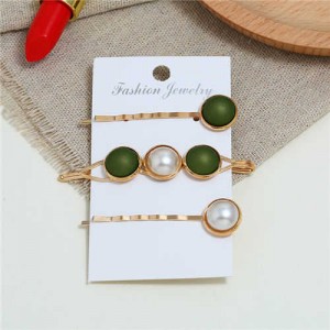 Pearl and Button Fashion 3pcs Women Hair Clip and Barrette Combo Set - Olive