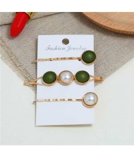 Pearl and Button Fashion 3pcs Women Hair Clip and Barrette Combo Set - Olive